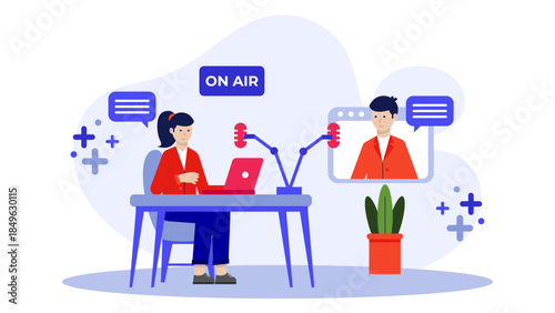 Podcast Team Recording Remote Interview. Flat Vector Business Illustration