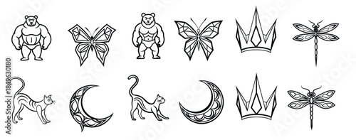 majestic animal icons bear cat butterfly dragonfly
