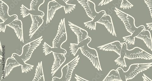 Birds Flying Hand Drawn Sketch Seamless Pattern. Birds Template Design for Wallpaper, Prints, Patterns, Fabric, Greeting Cards. Vector Wallpaper Design