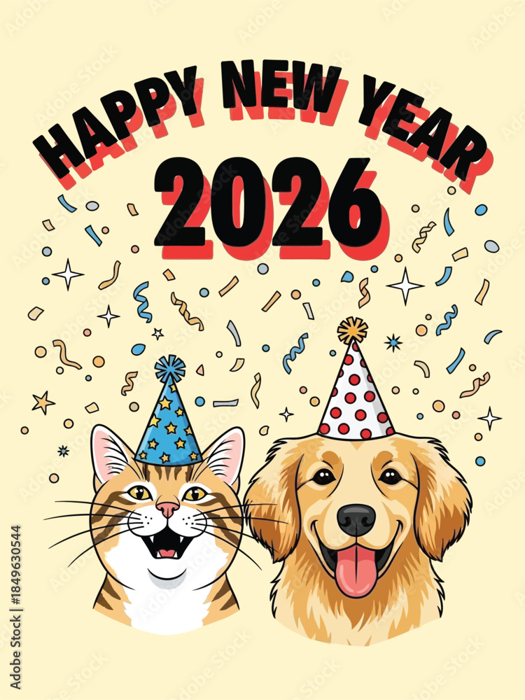 Fototapeta premium Happy New Year 2026 Celebration with Cute Cat and Dog.