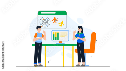 Pilot Using Flight Simulator Training. Flat Vector Business Illustration