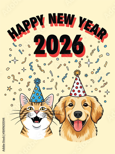 Happy New Year 2026 Celebration with Cute Cat and Dog.