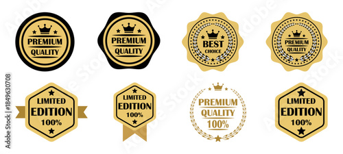 Premium quality badge icons set with golden seals, best choice labels, limited edition marks, and guarantee emblems, ideal for ecommerce, packaging, branding, and certification use.
