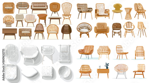 Minimal watercolor furniture collection featuring chairs tables and seating in natural wood tones. Cozy interior elements isolated on white for home decor and design inspiration.