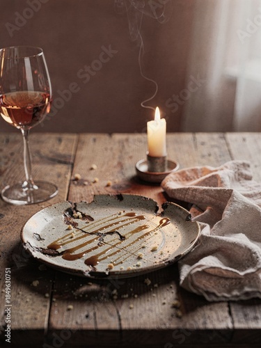Rustic Dessert Aftermath with Empty Plate, Wine Glass, and Lit Candle