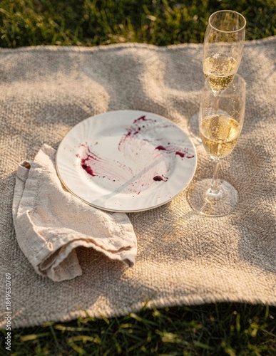 Golden Hour Picnic Aftermath with Champagne Flutes and Berry-Stained Plate