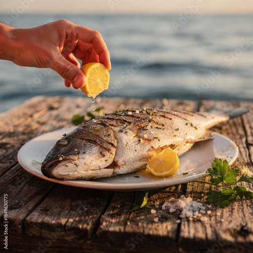 Hand Squeezing Fresh Lemon Over Grilled Fish on Rustic Table by the Sea at Sunset