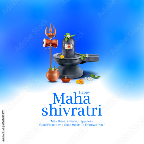 Clean and minimal Maha Shivratri vector featuring Shiva lingam, trishul and sacred offerings on a smooth blue gradient background. Suitable for modern greeting cards, posters, banners and digital use.