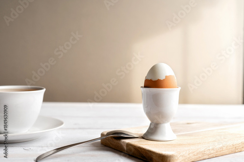 Vászonkép Soft boiled egg in a ceramic egg cup served with a spoon on a wooden board