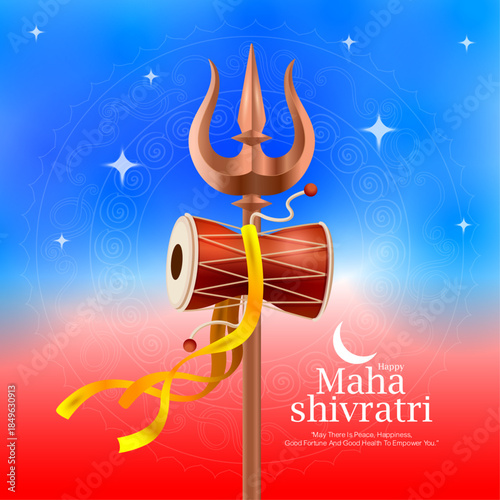 Powerful Maha Shivratri illustration showcasing trishul and damru with crescent moon and glowing gradient background. Perfect for devotional posters, banners, wallpapers and religious designs.