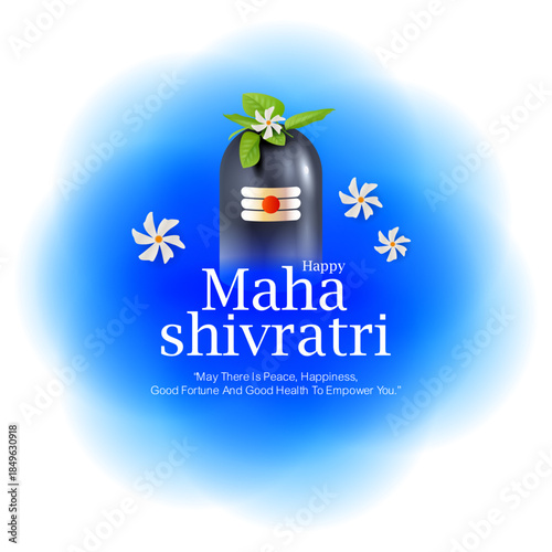 Soft and devotional Maha Shivratri greeting illustration featuring Shiva lingam adorned with flowers and leaves on a glowing blue background. Ideal for greeting cards, posters and social media posts.
