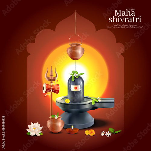 Traditional Maha Shivratri greeting design showcasing Shiva Lingam under a glowing temple arch with sacred symbols and ritual items. Ideal for greeting cards, social media posts, banners, and posters.