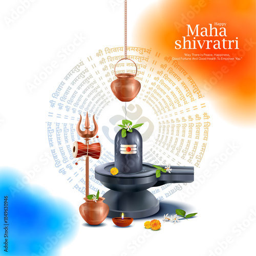 Beautiful Maha Shivratri vector illustration featuring Lord Shiva Lingam with bilva leaves, kalash, trishul, damru, flowers, and diya. Suitable for festival greetings, posters, banners, and religious