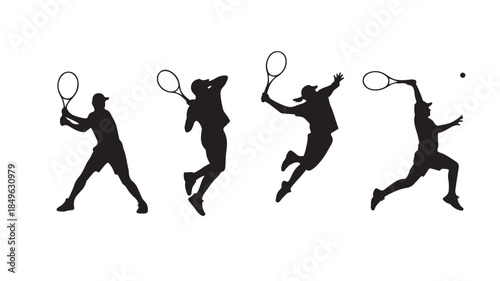 Tennis Players in Action Silhouettes with Dynamic Movement in Black against White Background for Sports Illustration