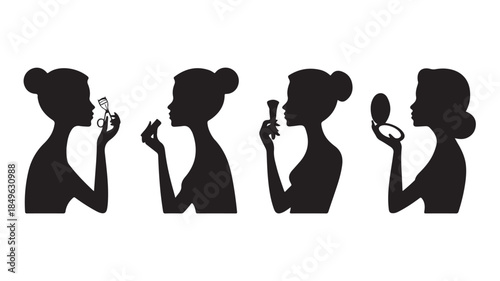 Woman Applying Makeup Silhouettes in Simple Elegant Black Profile Views on White Background for Beauty and Cosmetics Advertising