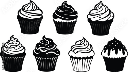 Set of seven monochrome cupcake vector illustrations, stylized frosting designs, decorative swirls and dots, baking logo elements, pastry icon collection