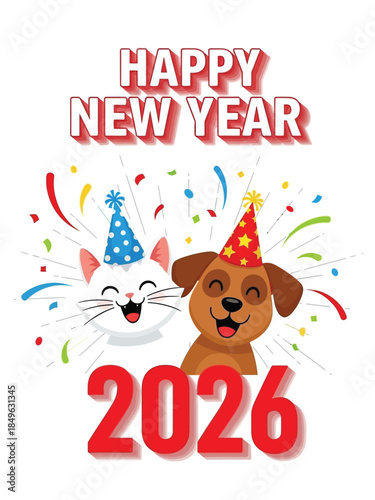 Happy New Year 2026 with Cute Cat and Dog Wearing Party Hats.