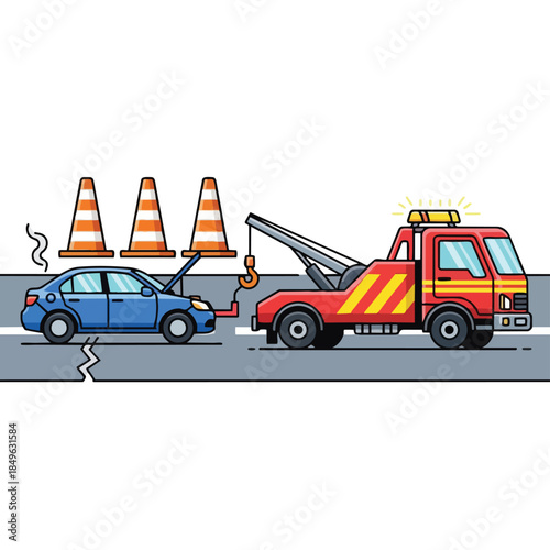 Vector illustration of a tow truck towing a damaged blue car with its hood up, near three traffic cones on a road with a cracked surface, against a plain white background with a cartoonish style.