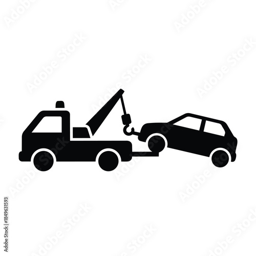 Vector illustration of a tow truck towing a car with a hook, depicted in black silhouette on a white background.