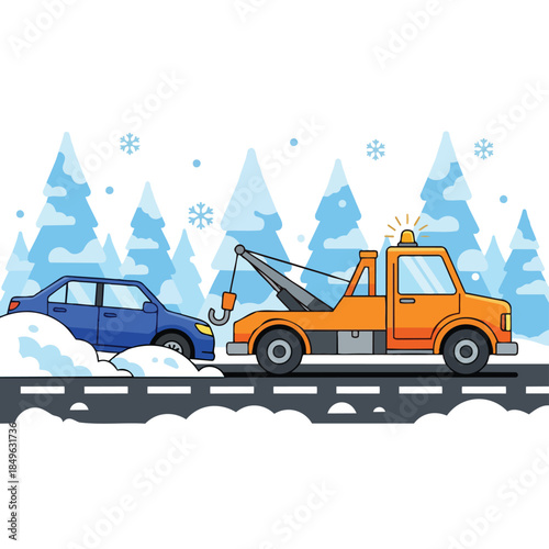 Vector illustration of a tow truck assisting a stranded blue car on a snowy road with winter scenery in the background.