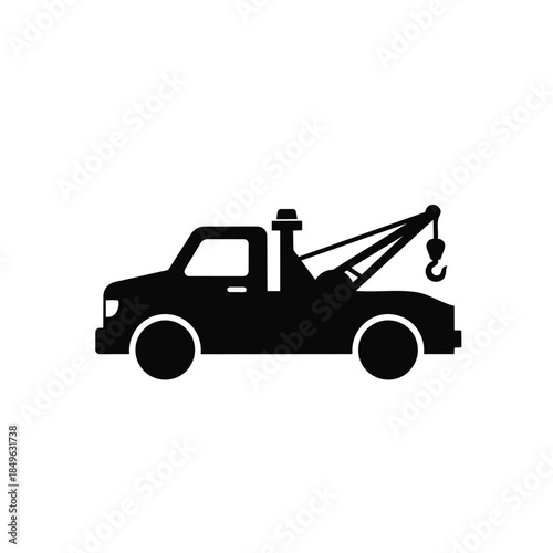 A black silhouette of a tow truck vector graphic with a hook and boom on a white background.