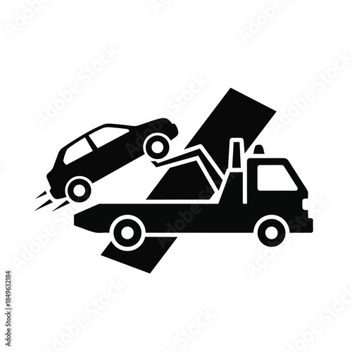 A black vector graphic of a tow truck lifting a car on a flatbed against a white background.