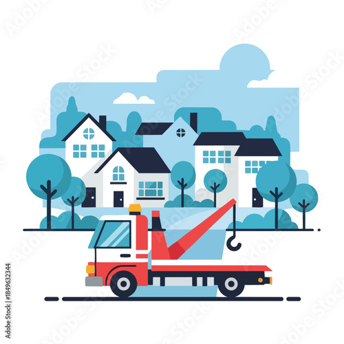 Vector illustration of a red tow truck parked in front of suburban houses with trees and a blue sky with clouds.