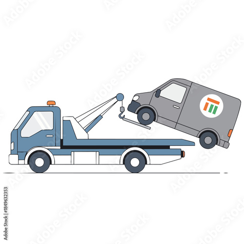 Vector illustration of a blue tow truck lifting a gray delivery van with a logo on a clean white background.