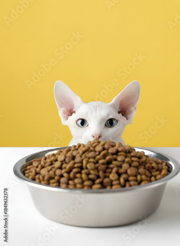 White Canadian Sphynx cat, curious expression, waiting for food bowl, yellow background, copy space
