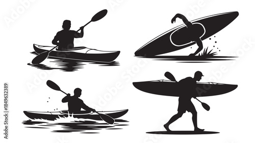 Kayaker Silhouettes in Various Poses with Paddles in Monochromatic Illustration on White Background for Adventure Sports