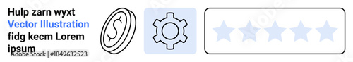 Currency emblem, gear representing settings, and star rating bar for feedback or quality. Ideal for finance, customer service, settings, user feedback, quality assessment, e-commerce simple landing