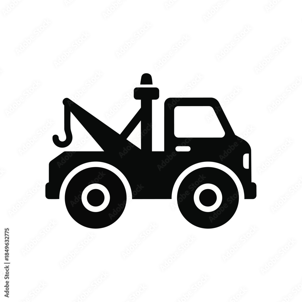 Naklejka premium A simple black silhouette of a tow truck vector against a clean white background, showcasing its hook and cabin.