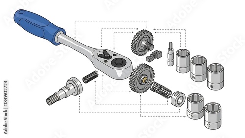 Fotografía Exploded view technical illustration of a ratchet wrench and sockets