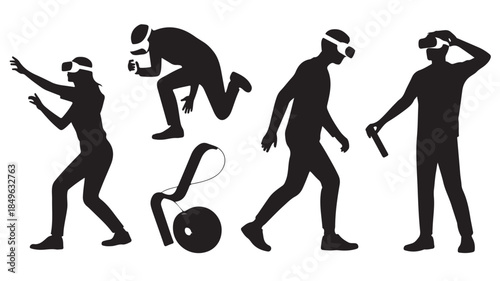 Silhouettes of people exercising in dynamic poses with fitness equipment in black and white for fitness branding