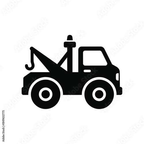 A simple black silhouette of a tow truck vector against a clean white background, showcasing its hook and cabin.