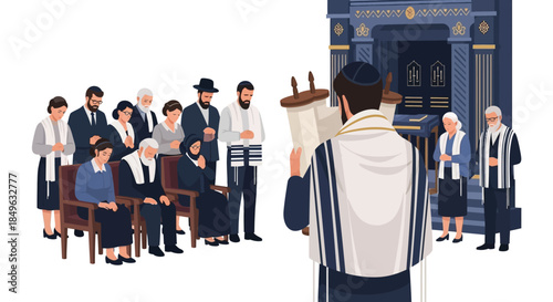 Jewish Congregation Engaged in Religious Service with Torah Scroll.