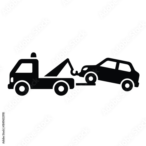 Vector graphic of a tow truck towing a car in black silhouette on a white background.