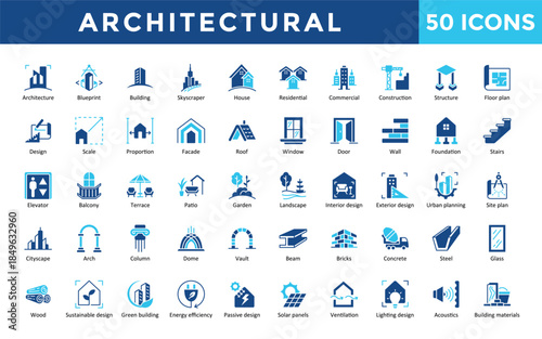 Architectural icons set with  architecture, energy efficiency, passive design, solar panels, ventilation, lighting design, acoustics icon. Simple flat vector 
