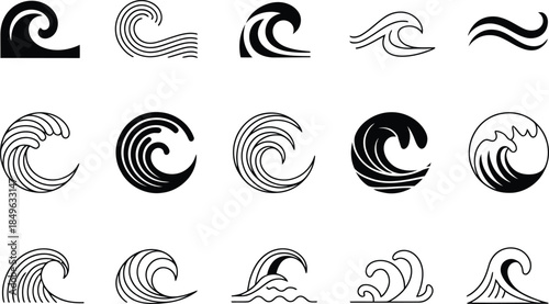 Monochrome Wave Illustration Collection with Detailed Line Art