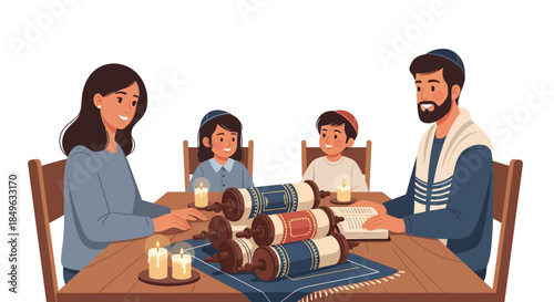 Jewish Family Celebrating Shabbat Dinner Together.