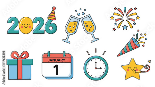 Colorful flat lay of Happy New Year 2026 celebration icons on a white background with festive objects.