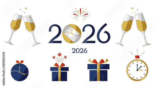 A festive graphic design featuring champagne glasses, gifts, and clocks with the text 'Happy New Year 2026' in a colorful and celebratory flat lay composition on a white background with a