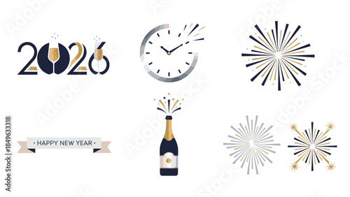 Flat lay of Happy New Year 2026 celebration elements including champagne bottle, clock striking midnight, fireworks, and 'Happy New Year' banner on a clean white background with gold,