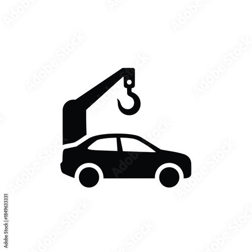 A black vector graphic illustration of a tow truck lifting a car with a hook against a plain white background.