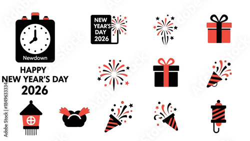 Flat lay of Happy New Year 2026 icons and symbols on a white background with fireworks, gifts, and party decorations.