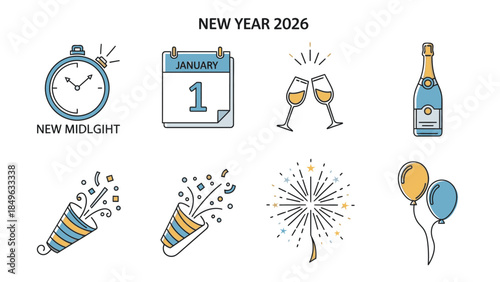 Flat lay illustration of Happy New Year 2026 celebration icons including clock, calendar, champagne, and party items on a clean white background with a joyful and festive mood.