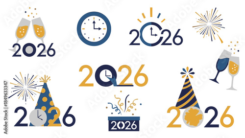 Colorful graphic illustrations celebrating Happy New Year 2026 with festive icons and typography on a clean white background.