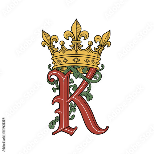 Vintage Letter K Monogram with Fleur-de-lis Crown and Floral Flourishes.