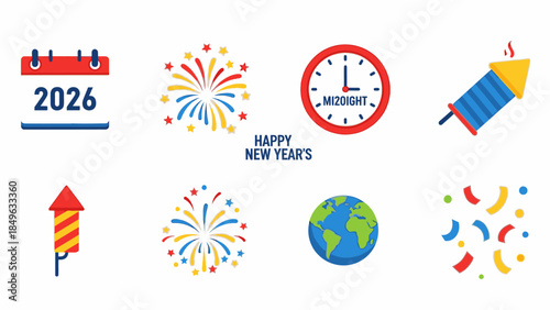 Colorful flat lay of Happy New Year 2026 icons on white background with fireworks and globe