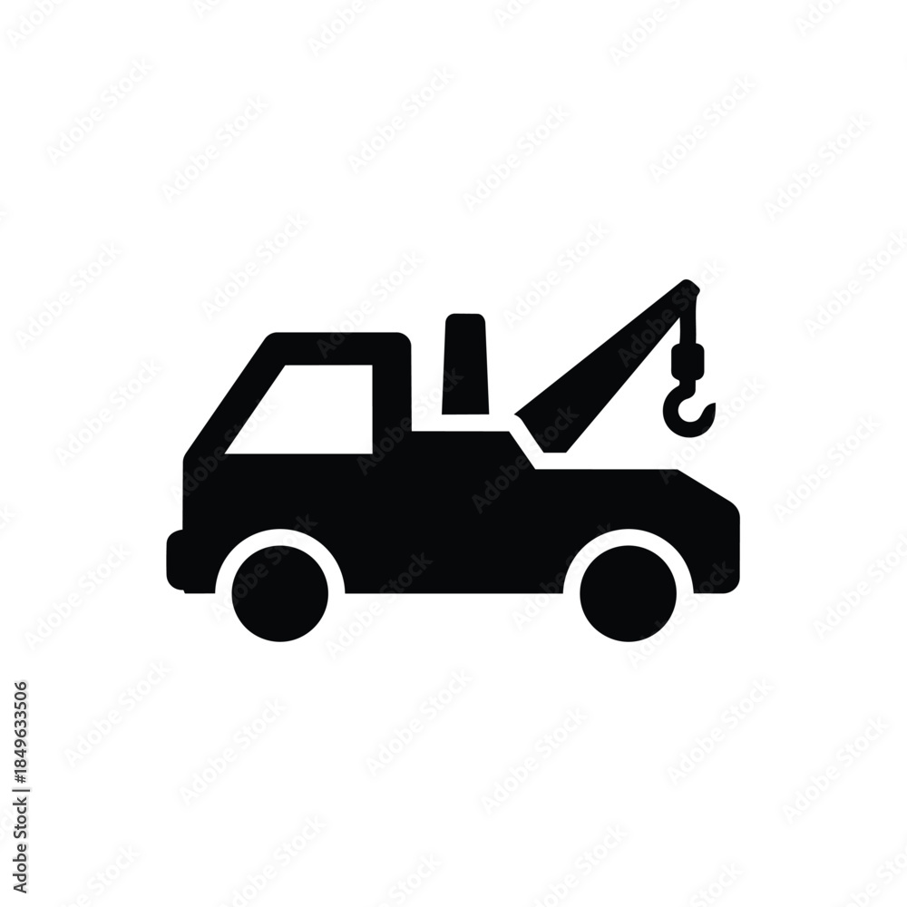 Naklejka premium A simple black vector graphic illustration of a tow truck with a hook and boom against a clean white background.